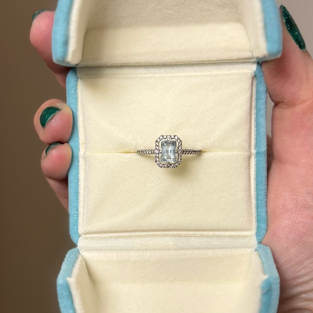 White Gold Aquamarine Ring w/ Diamond Halo and band - Picture 5 of 10